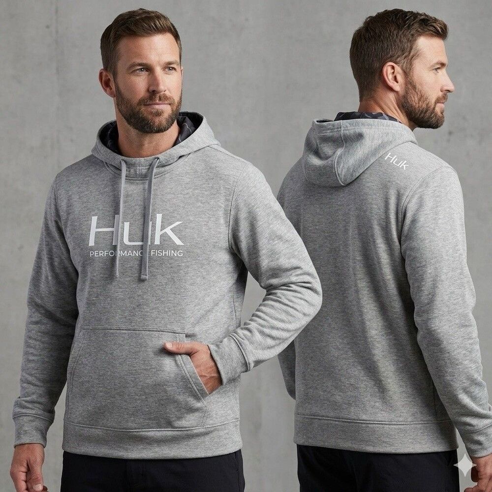 Huk Men's Performance Fishing Fleece Hoodie Grey Heather Logo S Small